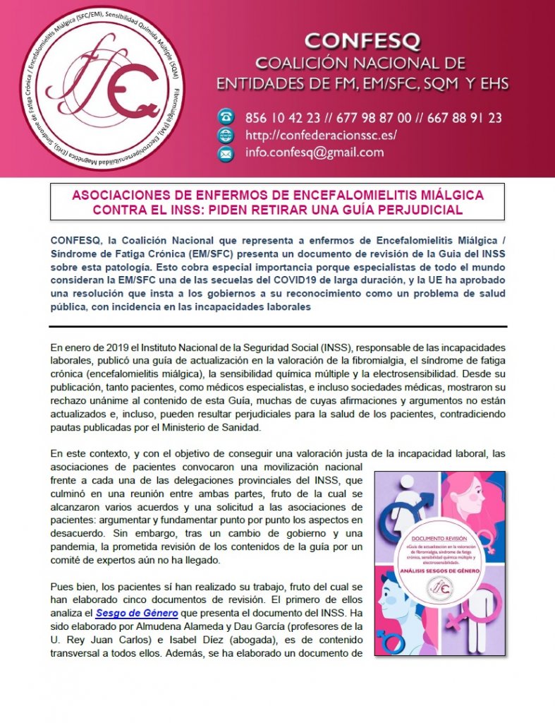 «Asociaciones de enfermos de encefalomielitis miálgica contra el INSS: piden retirar una guía perjudicial» Nota de prensa y repercusión